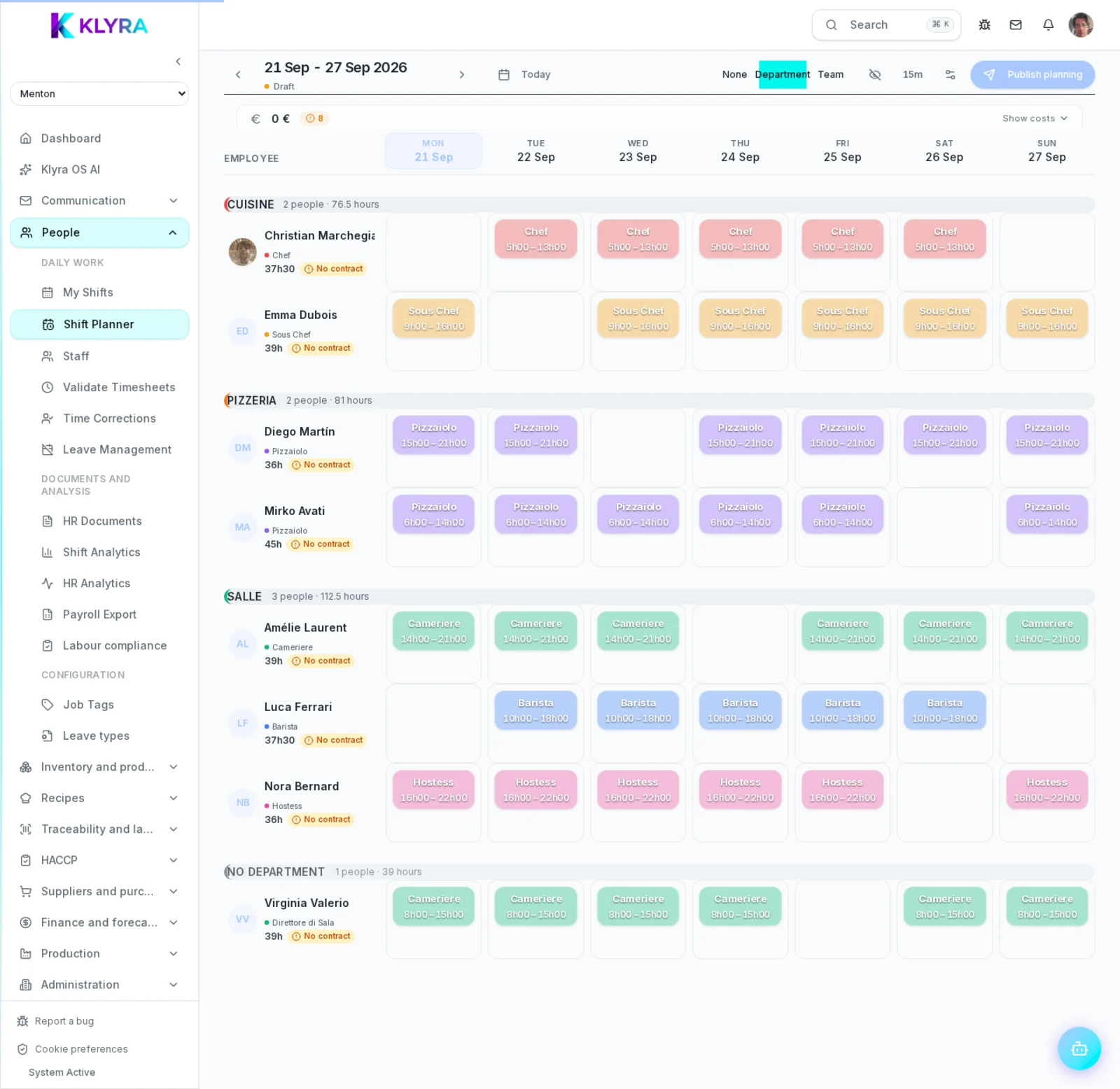 A populated weekly staff planner shown on a laptop