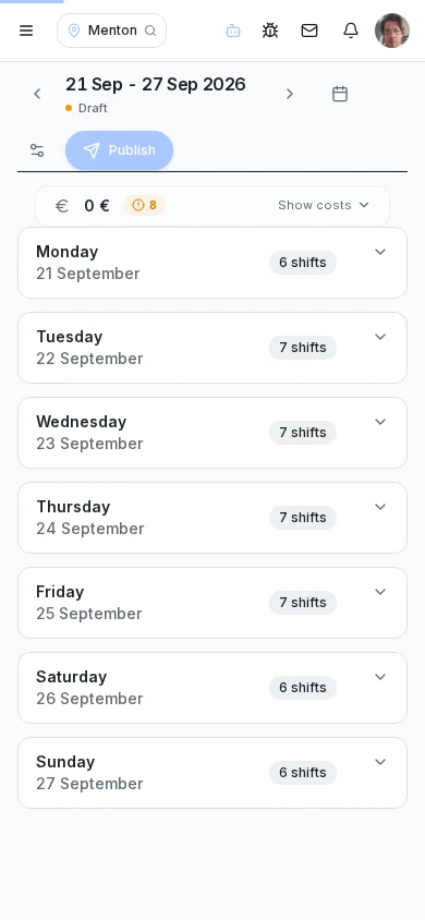 The populated weekly shift planner shown on a smartphone