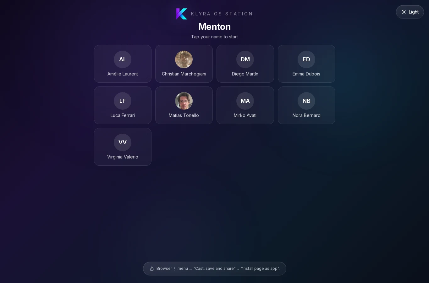 The real Klyra OS Station operator screen shown on a tablet